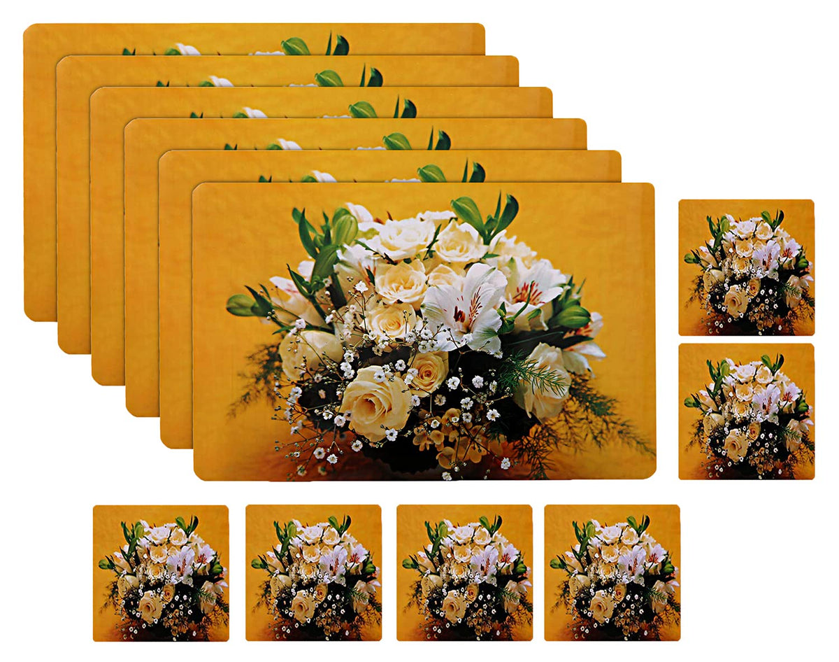 Kuber Industries Flower Printed PVC Stain Resistant, Anti-Skid, Waterproof 6 Pcs Placemats with 6 Pcs Tea Coasters Set for Dining Kitchen Restaurant Table, Set of 12 (Yellow, Polyvinyl Chloride)