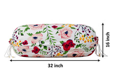 Heart Home Flower Printed Cotton Bolster Cover- Set of 4, 16"x32" (White & Pink)-44HH0131