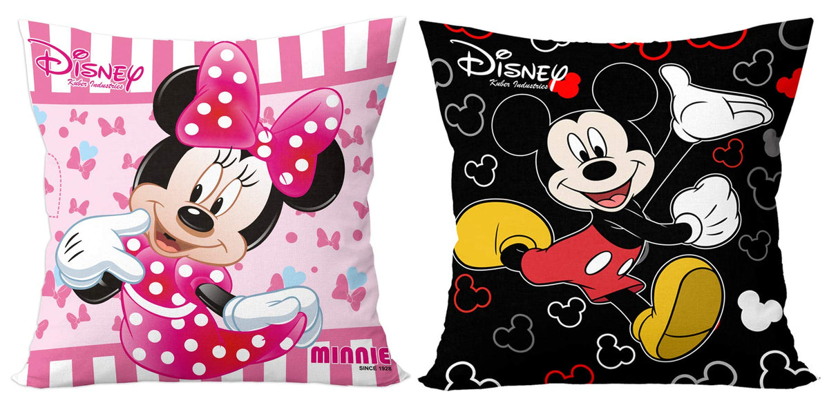 Kuber Industries Disney Printed Microfiber Filled Floor Cushion, Decorative Throw Pillow, Home Decor Pillow, Sofa/Bed Cushion,16"x16"(Black & Pink)-Pack of 2-KUBMART15886, Standard