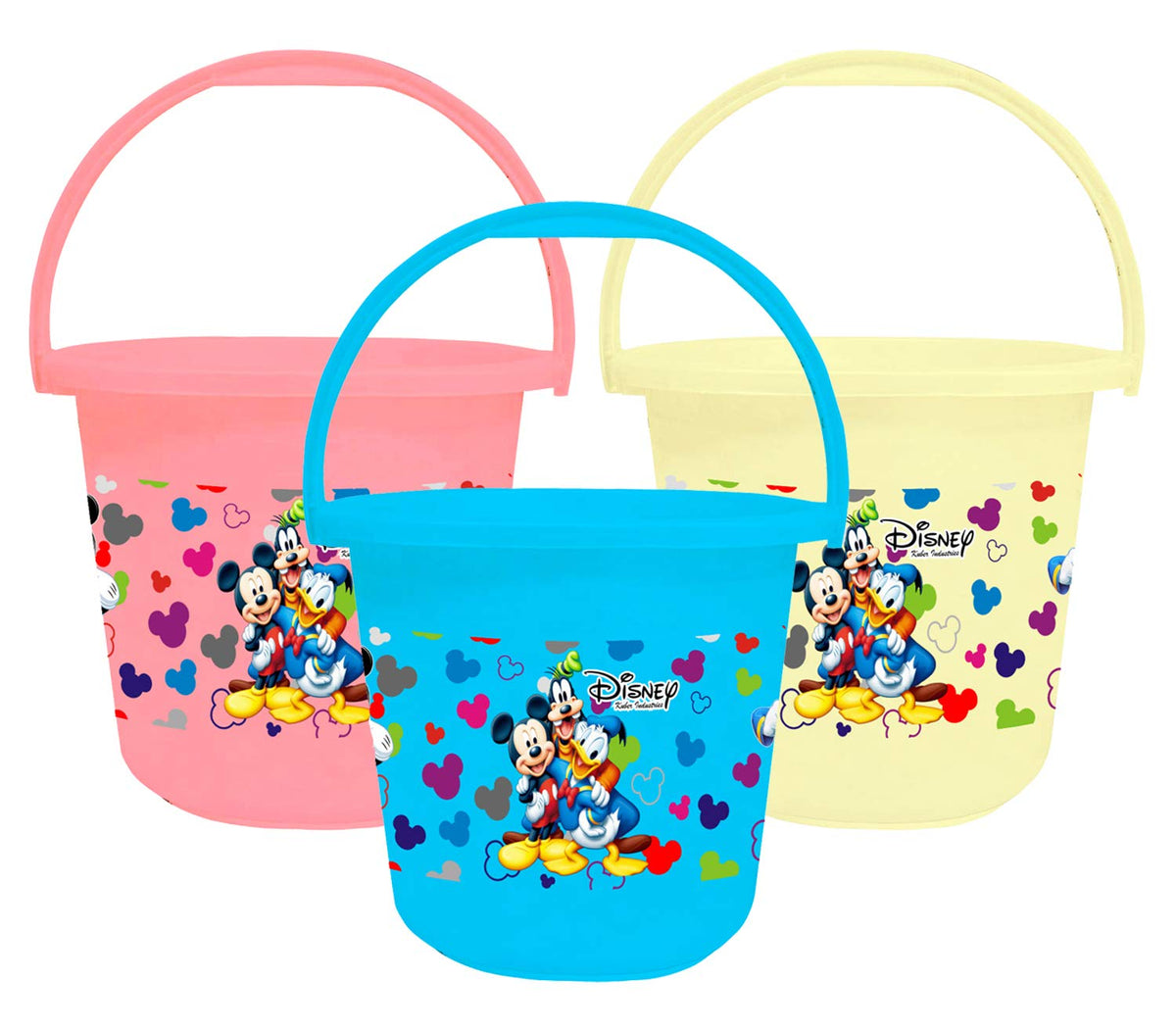 Kuber Industries Disney Team Mickey Print Unbreakable Virgin Plastic Strong Bathroom Bucket, 16 LTR (Pink & Cream & Blue)-Pack of 3 -HS_35_KUBMARTS17427