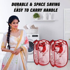 Heart Home Net Laundry Basket | Foldable & Lighweight Clothes Basket for Kids Room | Nylon Durable Storage Basket with handle | Small | Pack of 2 | Red