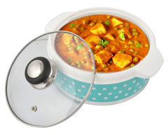 Heart Home Dot Printed BPA Free Food Grade Inner Stainless Steel Casserole Keeps Chapati, Food, Curry With Toughened Glass Lid, 1500ml- Pack of 2 (Green)-HS42KUBMART25004