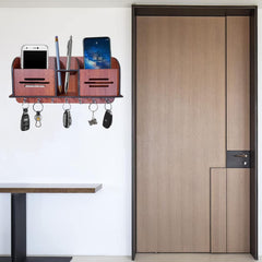 Kuber Industries Wooden Line Design 7 Hooks Key Holder | Pen & Pencil Holder | Mobile Stand With Charging Slots (Brown)