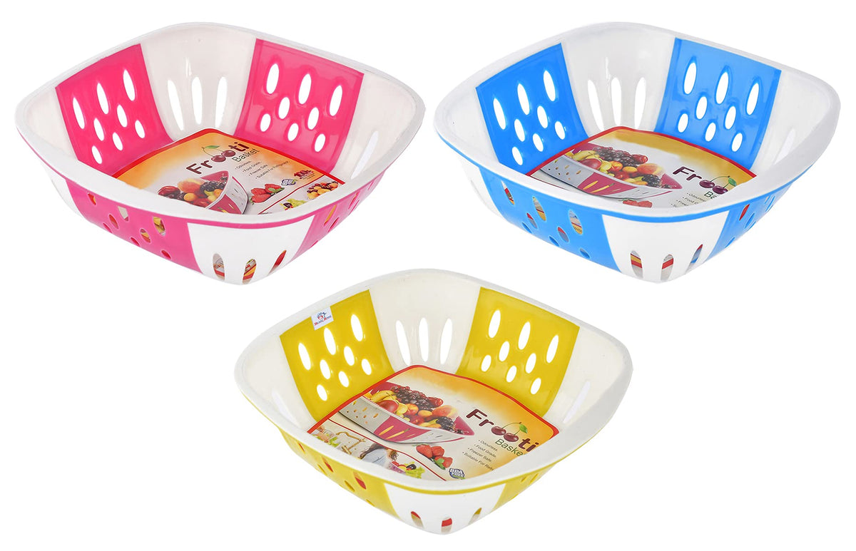 Heart Home Large Multi-Purpose Plastic Storage Baskets for Fruits Vegetables and Kitchen Fridge Dining Table- Pack of 3 (Pink & Blue & Green)-HS42KUBMART25412