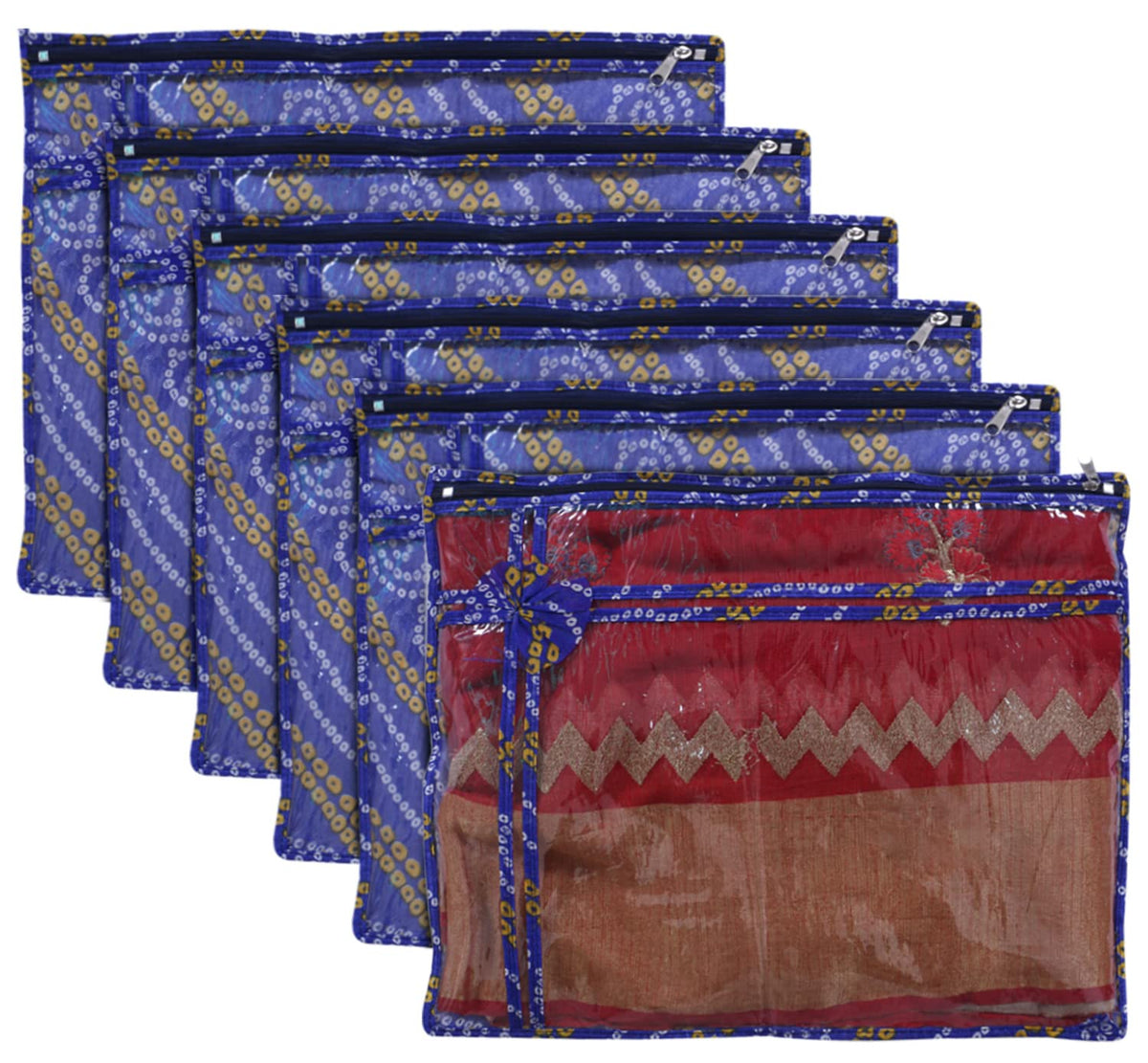 Kuber Industries Bandhani Print PVC Foldable Single Saree Cover|Clothes Storage For Saree, Lehenga, Suit With Transparent Pack of 6 (Blue)
