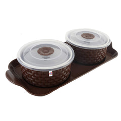 Fun Homes Walnut Checkered Design Plastic Solitaire Serving Tray with 2 Multipurpose Snacks/Dry Fruit Air Tight Bowls with Lids (Set of 3,Brown), Standard (FSHOME011089)