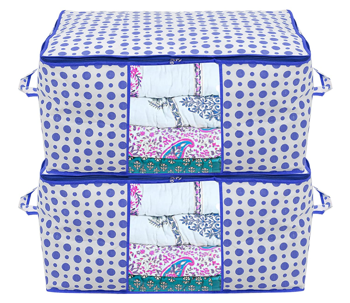 Kuber Industries Dot Printed Foldable, Lightweight Non Woven Underbed Storage Bag For Toys/Blankets/Stationery Paper/Clothes With Transparent Window With Handle Pack of 2 (Blue)-46KM0602