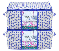 Kuber Industries Dot Printed Foldable, Lightweight Non Woven Underbed Storage Bag For Toys/Blankets/Stationery Paper/Clothes With Transparent Window With Handle Pack of 2 (Blue)-46KM0602