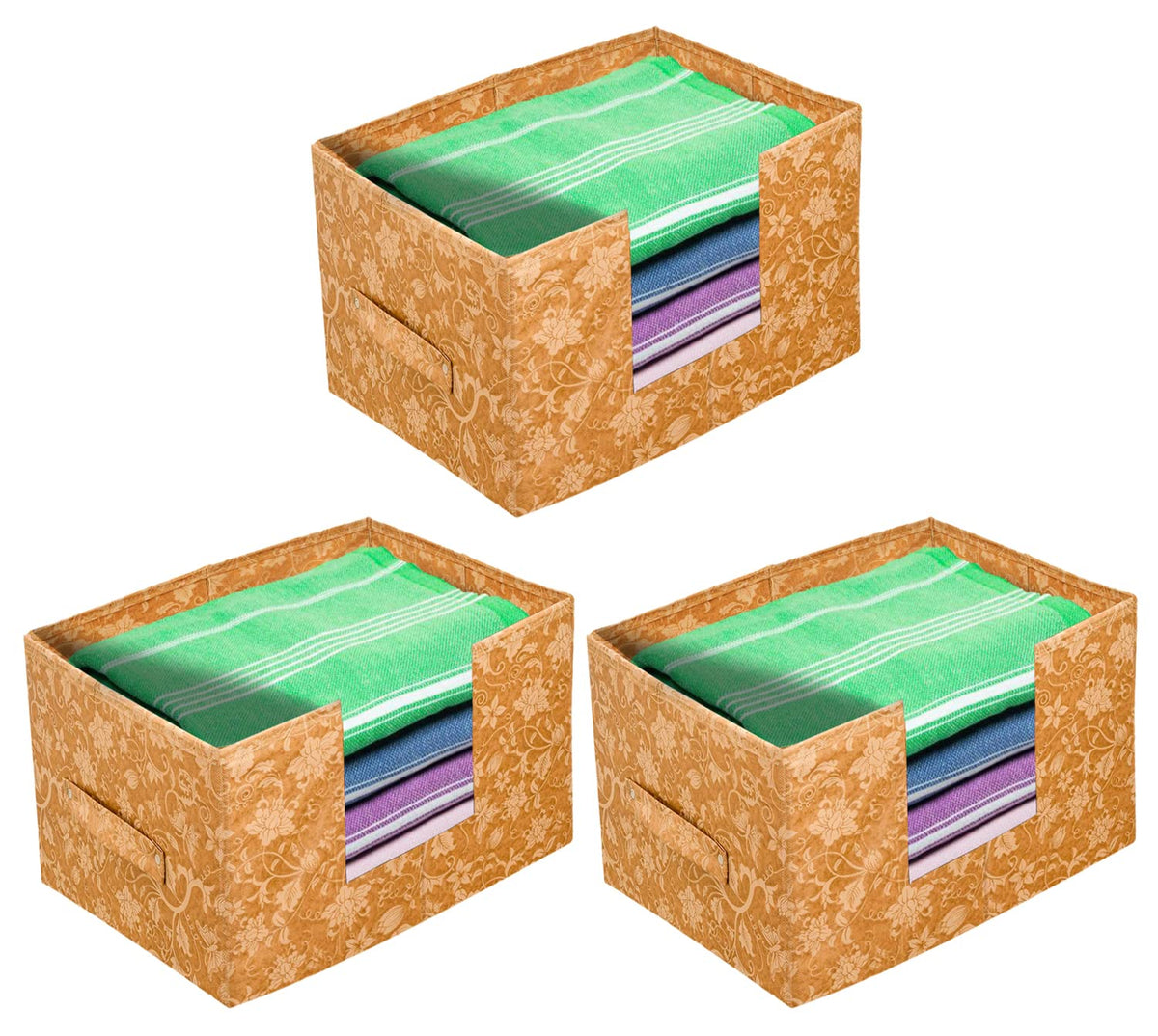 Heart Home Metallic Flower Printed Multiuses Non-Woven Closet Organizer, Storage Bin, Shelf Storage Oragnizer With Handle- Pack of 3 (Brown)-HS43HEARTH26401