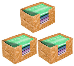 Heart Home Metallic Flower Printed Multiuses Non-Woven Closet Organizer, Storage Bin, Shelf Storage Oragnizer With Handle- Pack of 3 (Brown)-HS43HEARTH26401