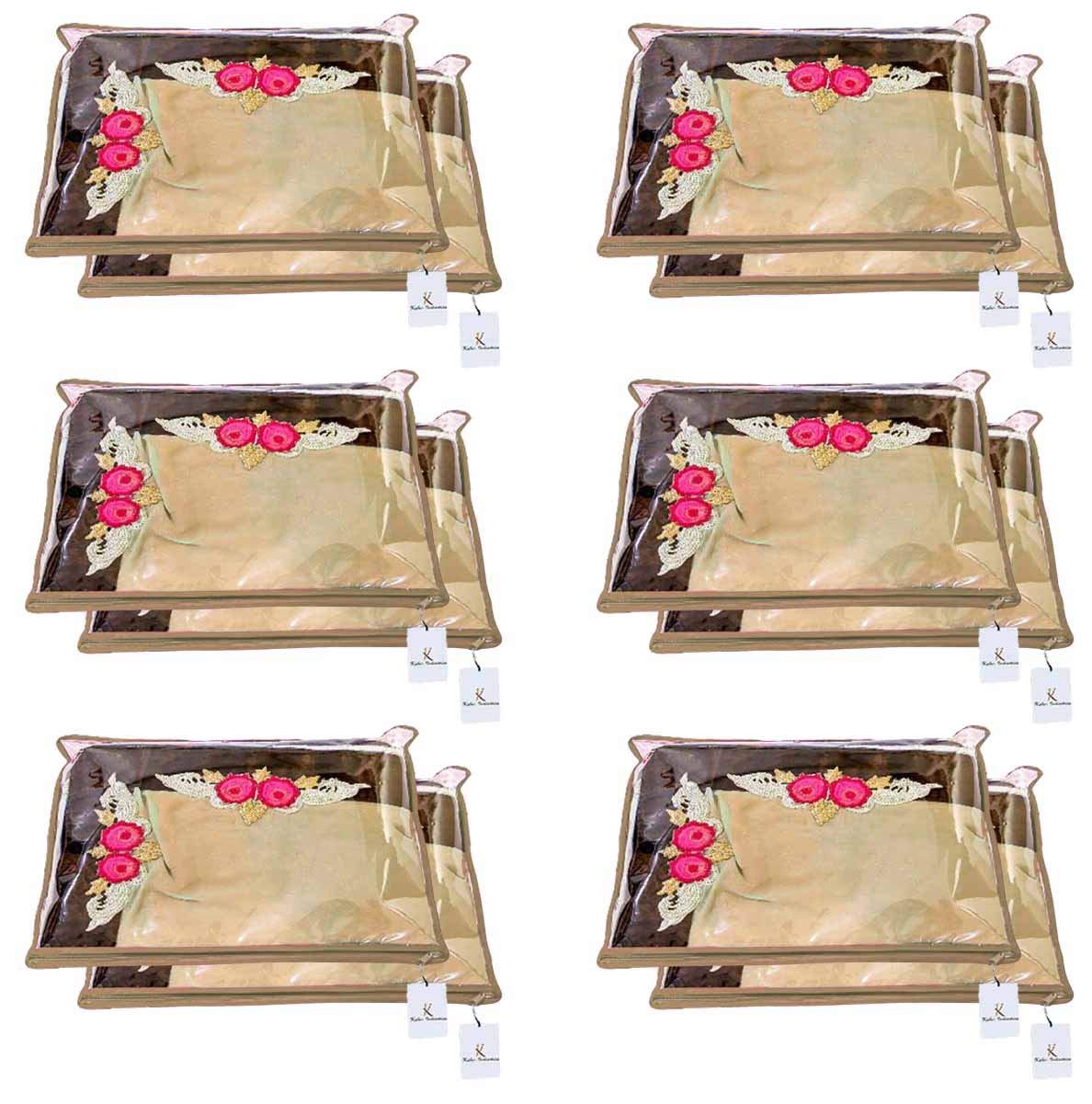 Kuber Industries™ Single Packing Saree Cover/Clothes Organizer|Transparent Window & Zipper Closure With Foldable Material, Pack of 12 (Beige)