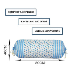 Heart Home Bolster Covers | Cotton Bolster Cover Set | Diwan Bolster Cover Set | Bolster Pillow Cover | Blue Flower Masand Cover | 16x32 Inch | Pack of 2 | White