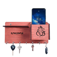 Kuber Industries Wooden Line Design 7 Hooks Key Holder | Pen & Pencil Holder | Mobile Stand with Charging Slots (Brown)