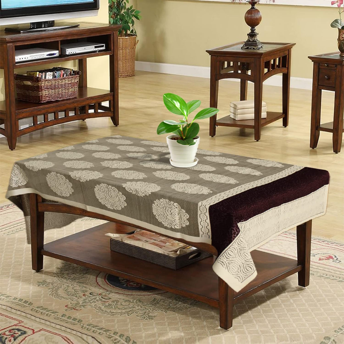 Heart Home Rose Printed Cotton 4 Seater Center Table Cover,40"x60" (Cream & Maroon)-44HH033