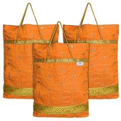 Heart Home Polyester Dot Design Foldable Potli|Shopping|Gifting, Hand Bag With Handle Pack of 3 (Yellow)