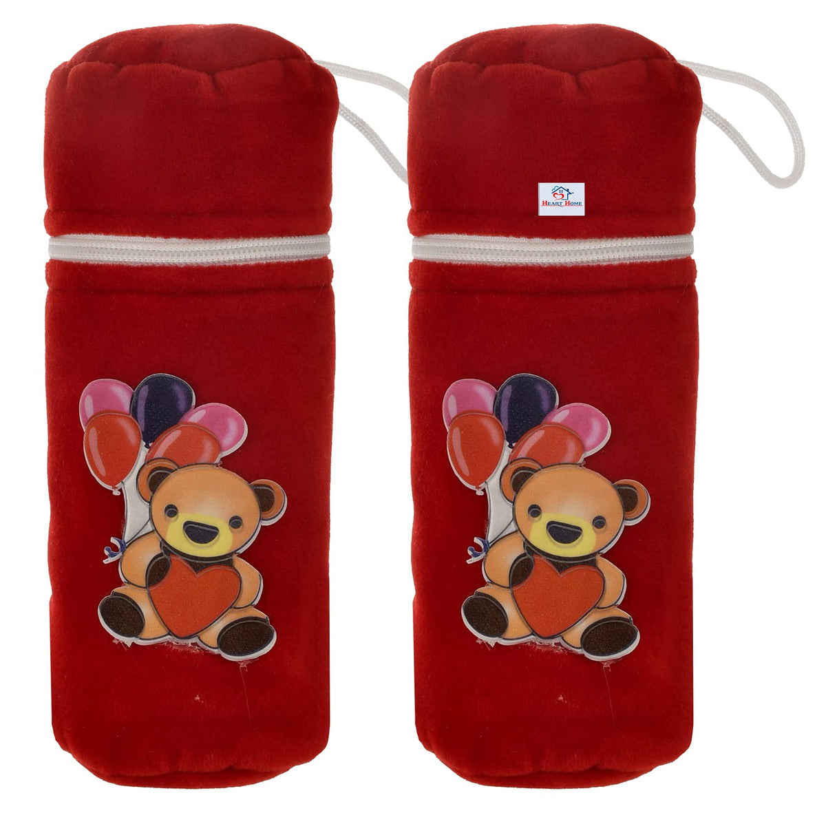 Heart Home Cartoon Printed Velvet Newborn Baby Feeding Bottle Cover, Pack of 2 (Red)