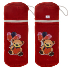 Heart Home Cartoon Printed Velvet Newborn Baby Feeding Bottle Cover, Pack of 2 (Red)