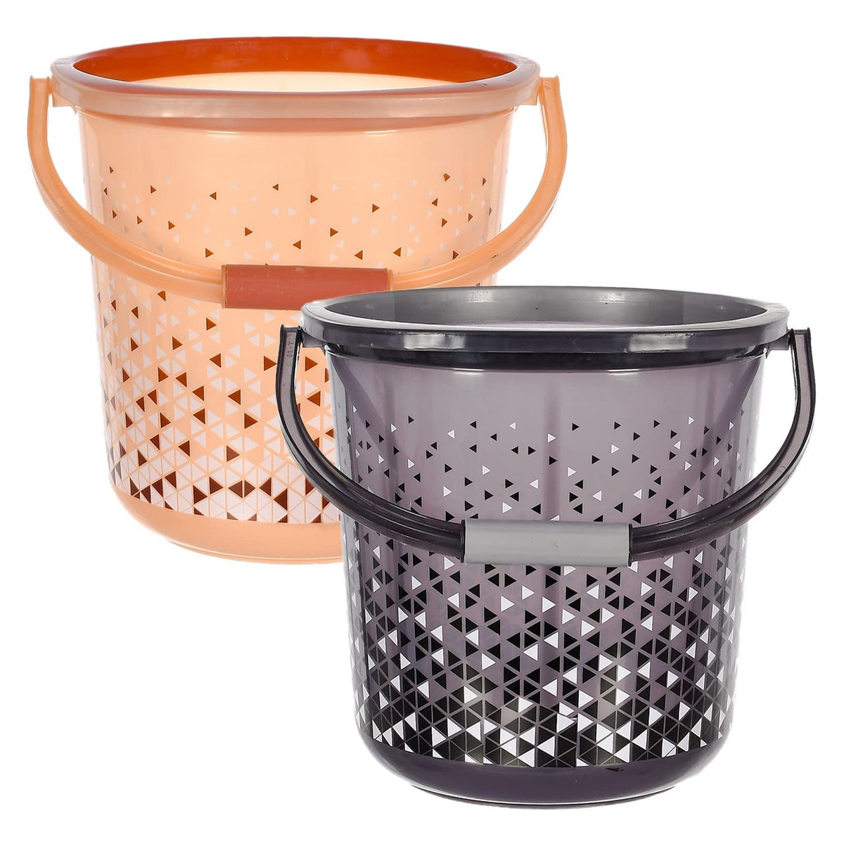 Kuber Industries Plastic Triangle Print Bucket for Home & Bathing with Handle 18 LTR Pack of 2 (Black & Brown) 54KM3938