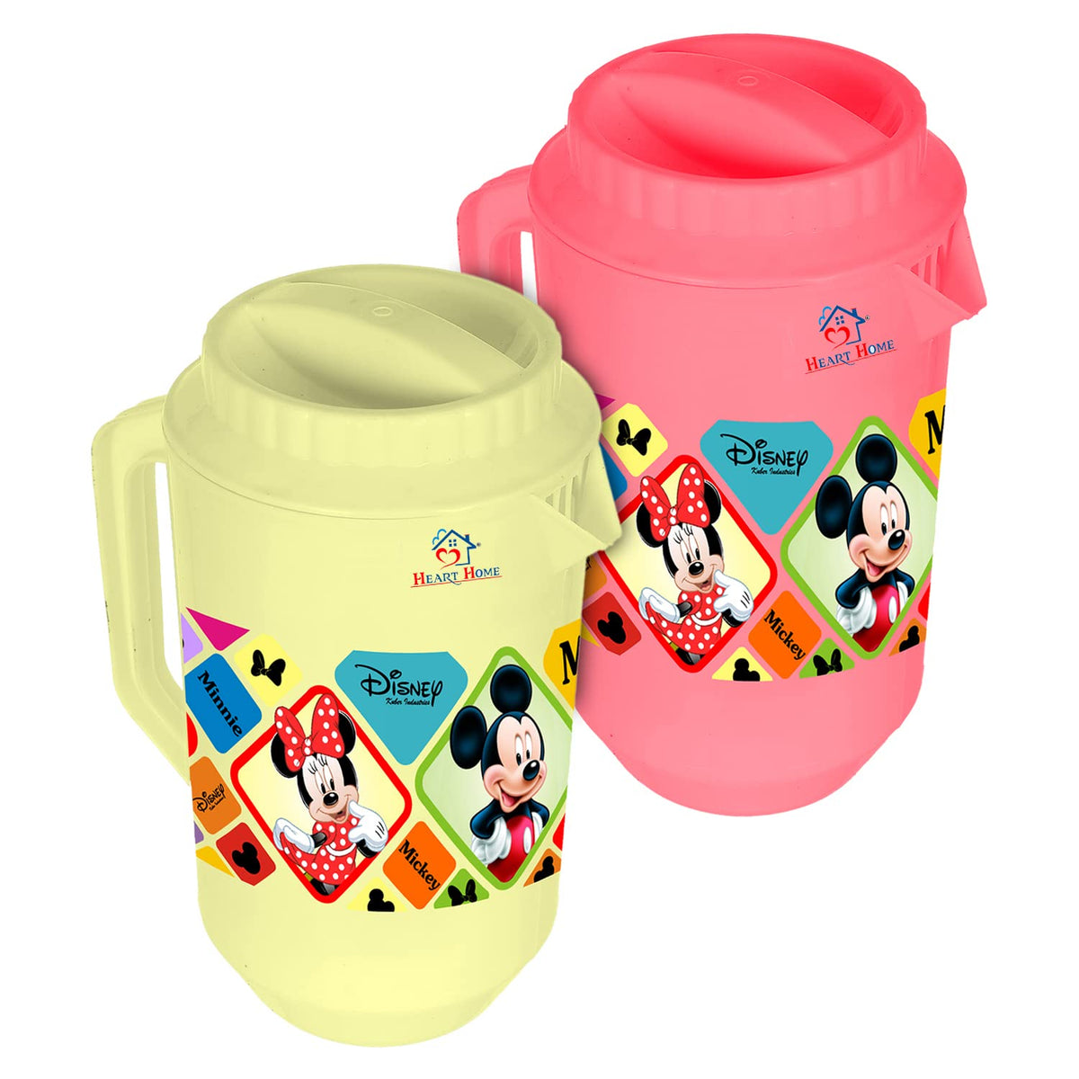 Heart Home Mickey Minnie Print Unbreakable Plastic Water Jug with Lid for Home, Kitchen, Office 2 Liter Pack of 2 (Cream & Pink)