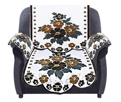 Heart Home Floral Design Cotton 5 Seater Sofa Cover with 6 Pieces Arms Cover Use Both Side HEART11975 - Set of 16, (White and Brown)