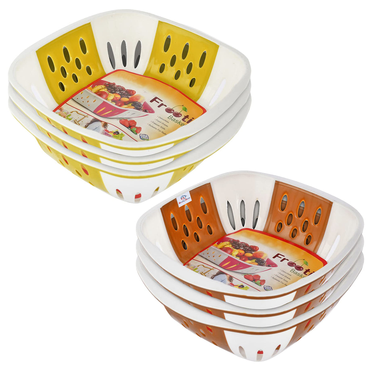 Heart Home Large Multi-Purpose Plastic Storage Baskets for Fruits Vegetables and Kitchen Fridge Dining Table- Pack of 6 (Brown & Green)-HS42KUBMART25440