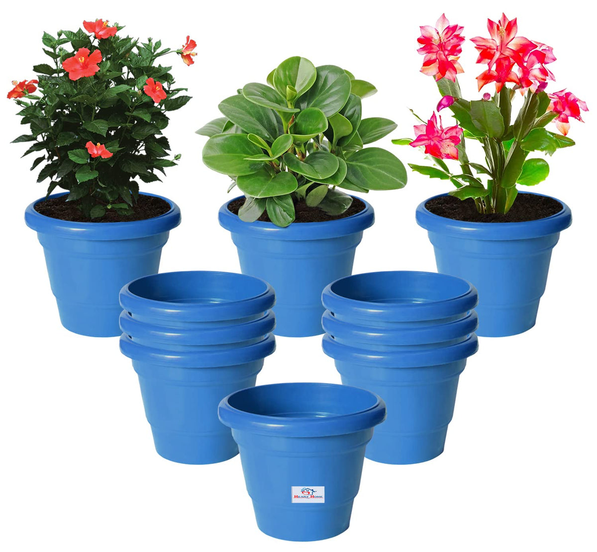 Heart Home Solid 2 Layered Plastic Flower Pot|Gamla for Home Decor,Nursery,Balcony,Garden,6"x5",Pack of 10 (Blue)