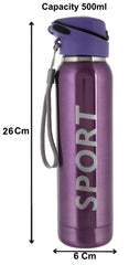 Heart Home Stainless Steel BPA Free Drinking Bottle, Hot & Cold Bottle, Ideal for Sports, Bike, Running, Hiking With Sipper & Push Button on Lid, 500ml (Pruple)-HS_38_HEARTH21735