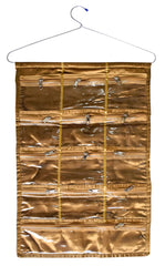Kuber Industries 12 Small & 1 Large Zipper Pockets Hanging Jewellery Organizer Hanging Wall Pocket Storage Bag With Hanger (Gold)