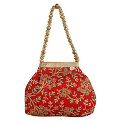 Heart Home Attractive Embroidery Polyester Hand Purse & Artificial Pearls Handle With 3 Magnetic Lock for Woman,Girls (Red)