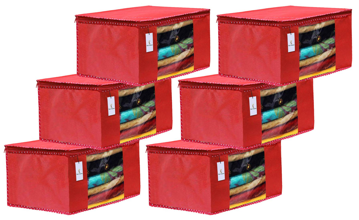 Kuber Industries 6 Piece Non Woven Fabric Saree Cover Set with Transparent Window, Extra Large, Red-CTKTC31881