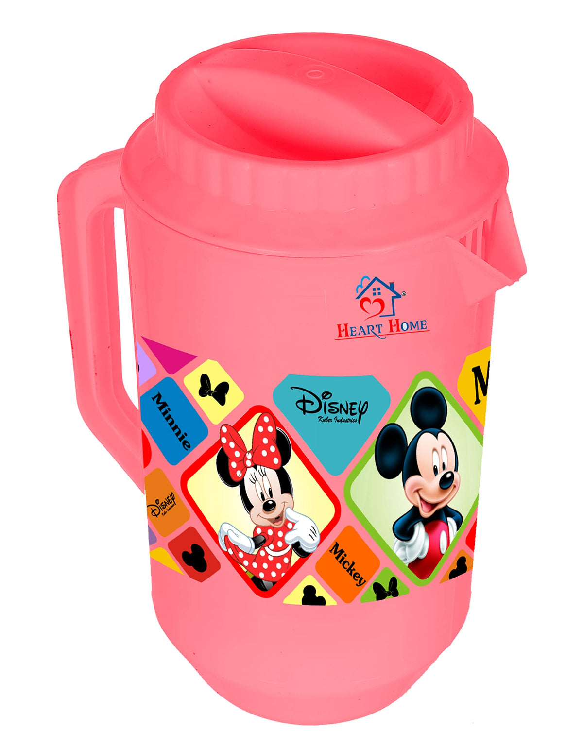 Heart Home Mickey Minnie Print Unbreakable Plastic Water Jug with Lid for Home, Kitchen, Office 2 Liter (Pink)