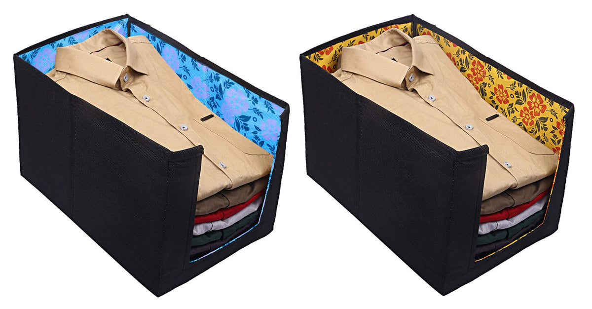 Kuber Industries Flower Design Non-Woven 2 Pieces Shirt Stacker Wardrobe Organizer (Yellow & Blue) - CTKTC23246