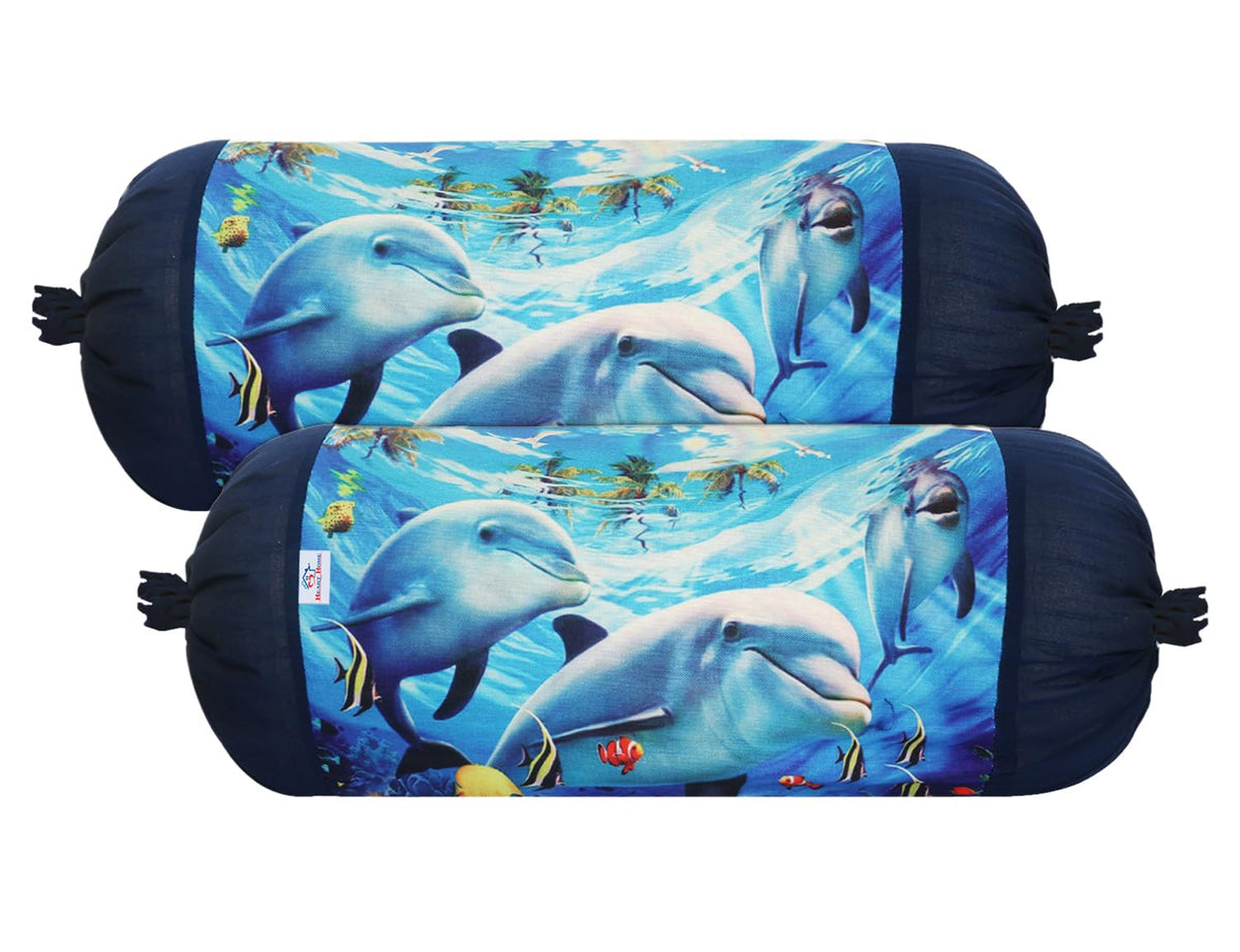 Heart Home Bolster Cover|Polyester Bolster Cover Set|Diwan Round Bolster Pillow Covers|Luxurious Ocean Print Roll Masand Cover|Pack of 2 (Blue)
