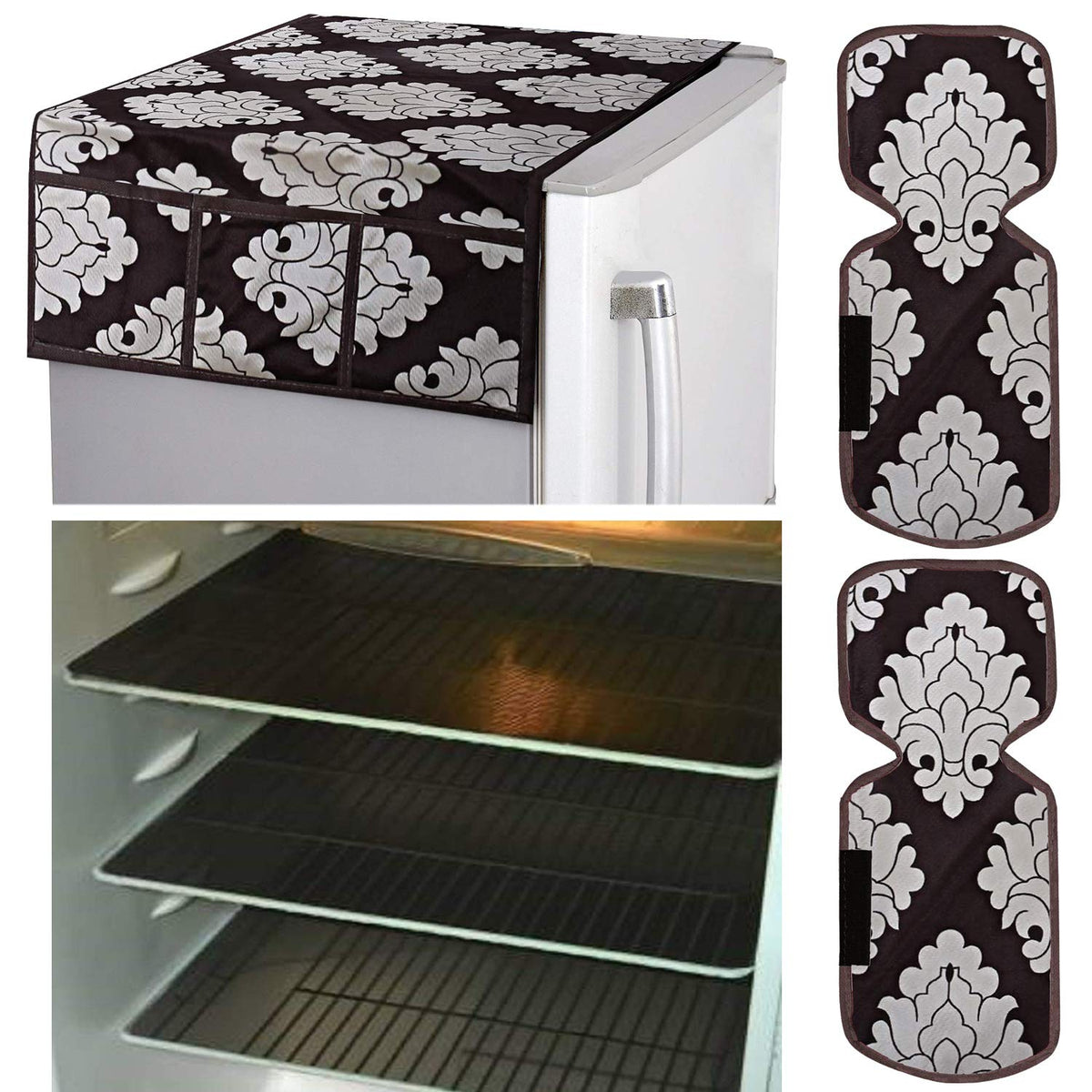 Kuber Industries Flower Design Combo PVC 3 Pieces Fridge Mats, 2 Piece Handle Cover and 1 Piece Fridge Top Cover(Brown) CTKTC024472