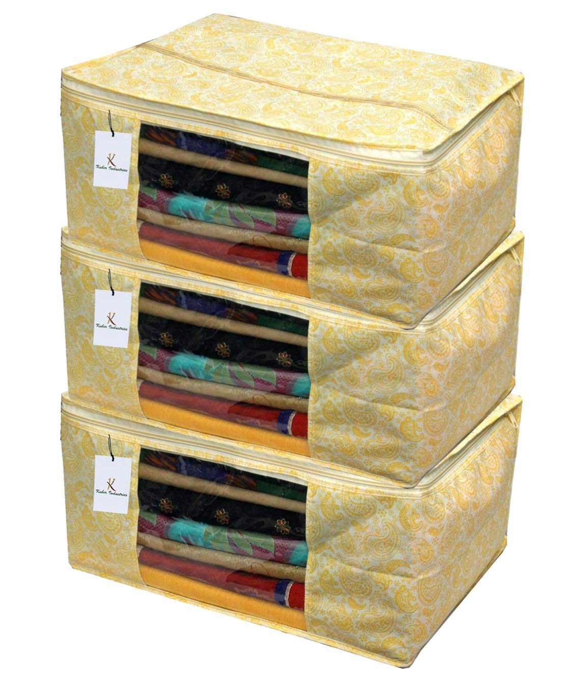 Kuber Industries 3 Piece Non Woven Saree Cover Set, Gold,Large Size -CTKTC6360