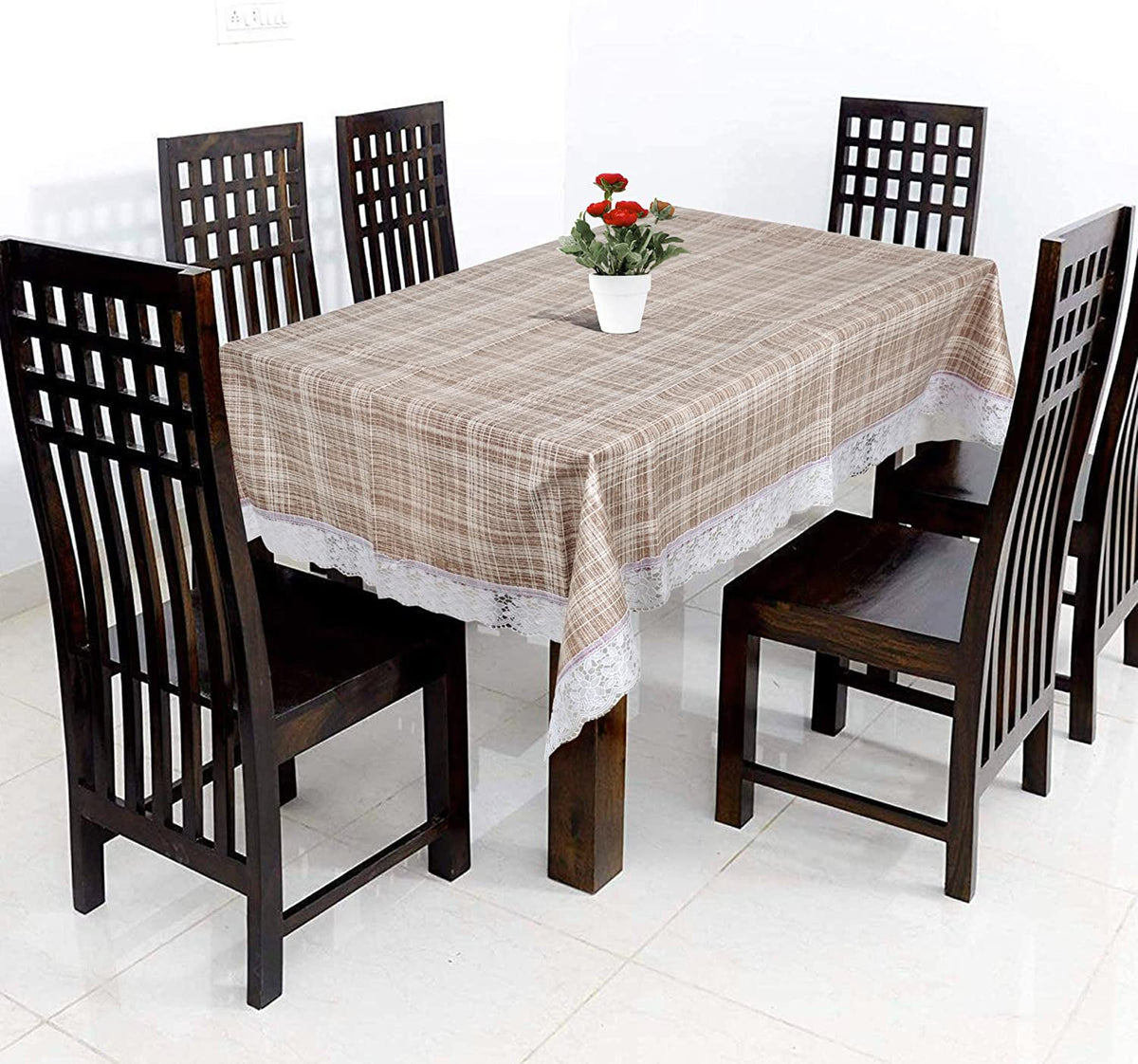 Kuber Industries Check Print PVC Dining Table Cover/Table Cloth for Home Decorative Luxurious 6 Seater, 60"x90" (Sand) 54KM4273