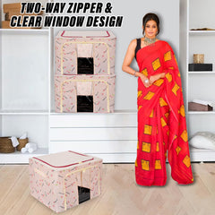 Kuber Industries Storage Box | Steel Frame Living Box | Storage Organizer For Clothes | Saree Cover for Woman | Good Luck Print Cloth Organizer | 66 Liter | Pink
