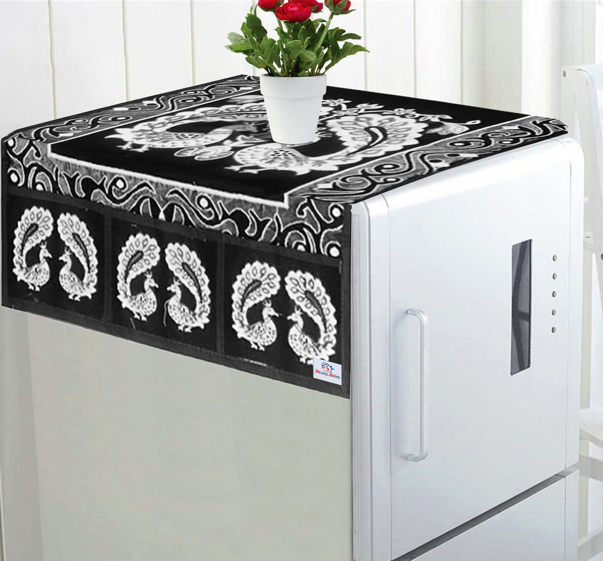 Heart Home Peacock Design Cotton Fridge Top Cover with 6 Utility Side Pockets (Black)-HS_38_HEARTH21062, Standard