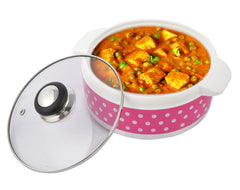 Heart Home Dot Printed Inner Steel Casserole with Toughened Glass Lid, 1500ml- Pack of 2 (Pink)-HS42KUBMART25007