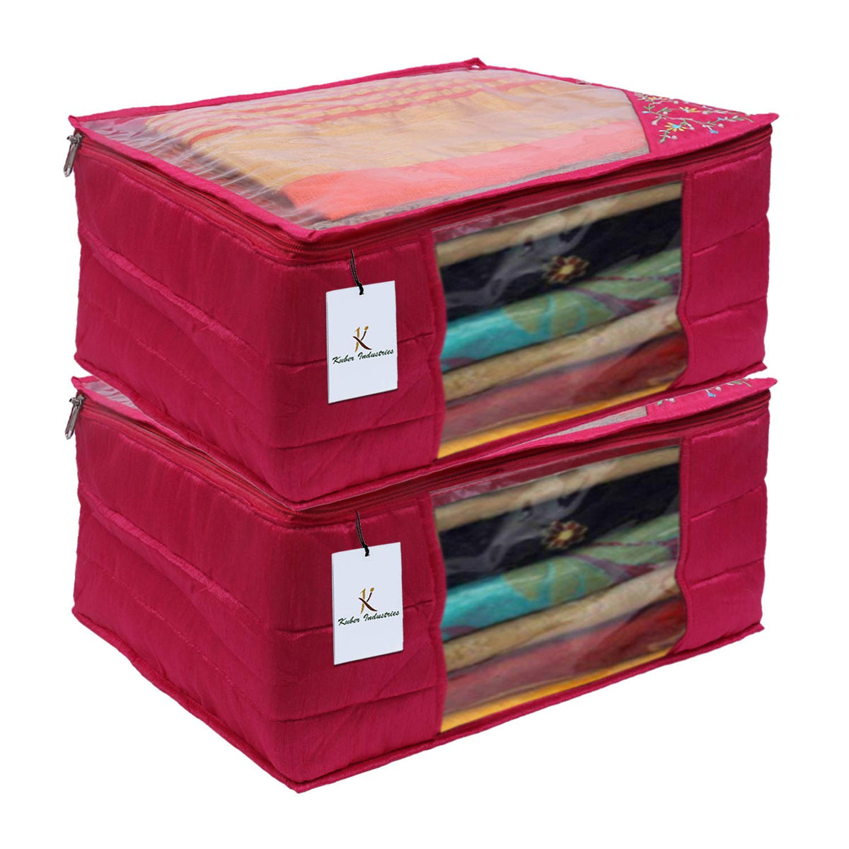 Kuber Industries 3 Layered Quilted Silk 2 Pieces Saree Cover (Pink) -CTKTC024683