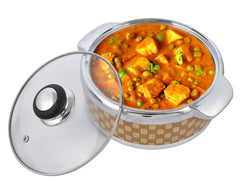 Heart Home Check Printed BPA Free Food Grade Inner Stainless Steel Casserole Keeps Chapati, Food, Curry With Toughened Glass Lid, 1500ml- Pack of 2 (Brown)-HS42KUBMART25024