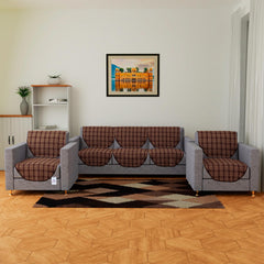 Heart Home Sofa Cover | Jute 5 Seater Sofa Covers | Couch Cover for Home Décor | Sofa Cover for Hall | Check Design Sofa Cover | Sofa Cover set for Living room | Light Brown