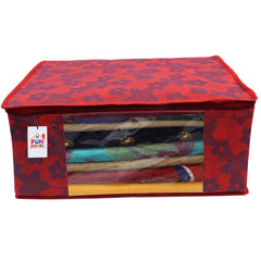 Fun Homes Metalic Printed 6 Pieces Non Woven Fabric Saree Cover/Clothes Organiser for Wardrobe Set with Transparent Window, Extra Large (Red)