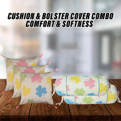 Kuber Industries Bolster Cover | Soft Cotton 2 Piece Bolster Cover Set | 3 Piece Square Cushion Cover Set | Multi-Flower Design Bolster & Cushion Cover Set | Pack of 5 | Cream