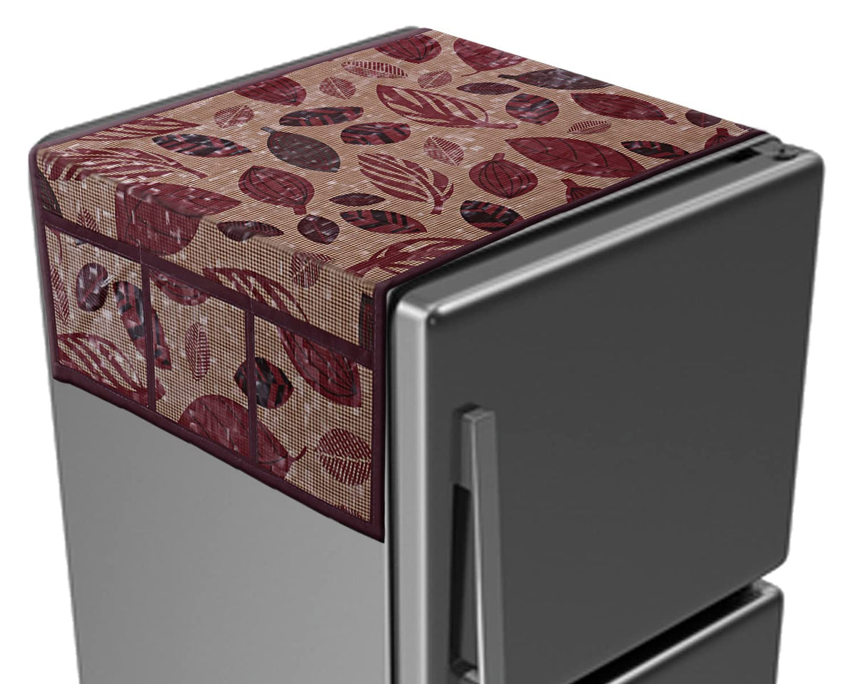 Kuber Industries Leaf Print PVC Fridge Top Cover with 6 Utility Side Pockets (Maroon)