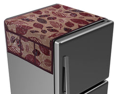 Heart Home Leaf Printed PVC Fridge Top Cover with 6 Utility Side Pockets (Maroon)