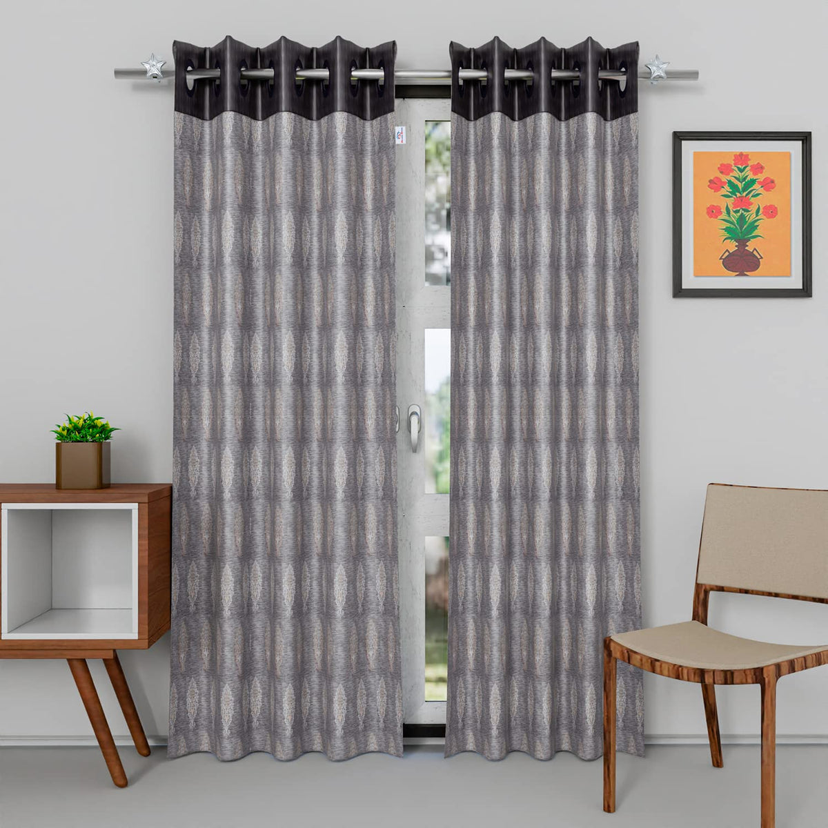 Heart Home Faux Silk Decorative 9 Feet Long Door Curtain | Damask Print Blackout Drapes Curtain with 8 Eyelet for Home & Office, Pack of 2 (Gray)