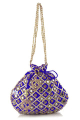 Heart Home 2 Pieces Silk Traditional Mirror Work Clutch Potli Batwa Pouch Hand Bag for Bridal, Casual, Party, Wedding (Gold & Blue)-HEART11512