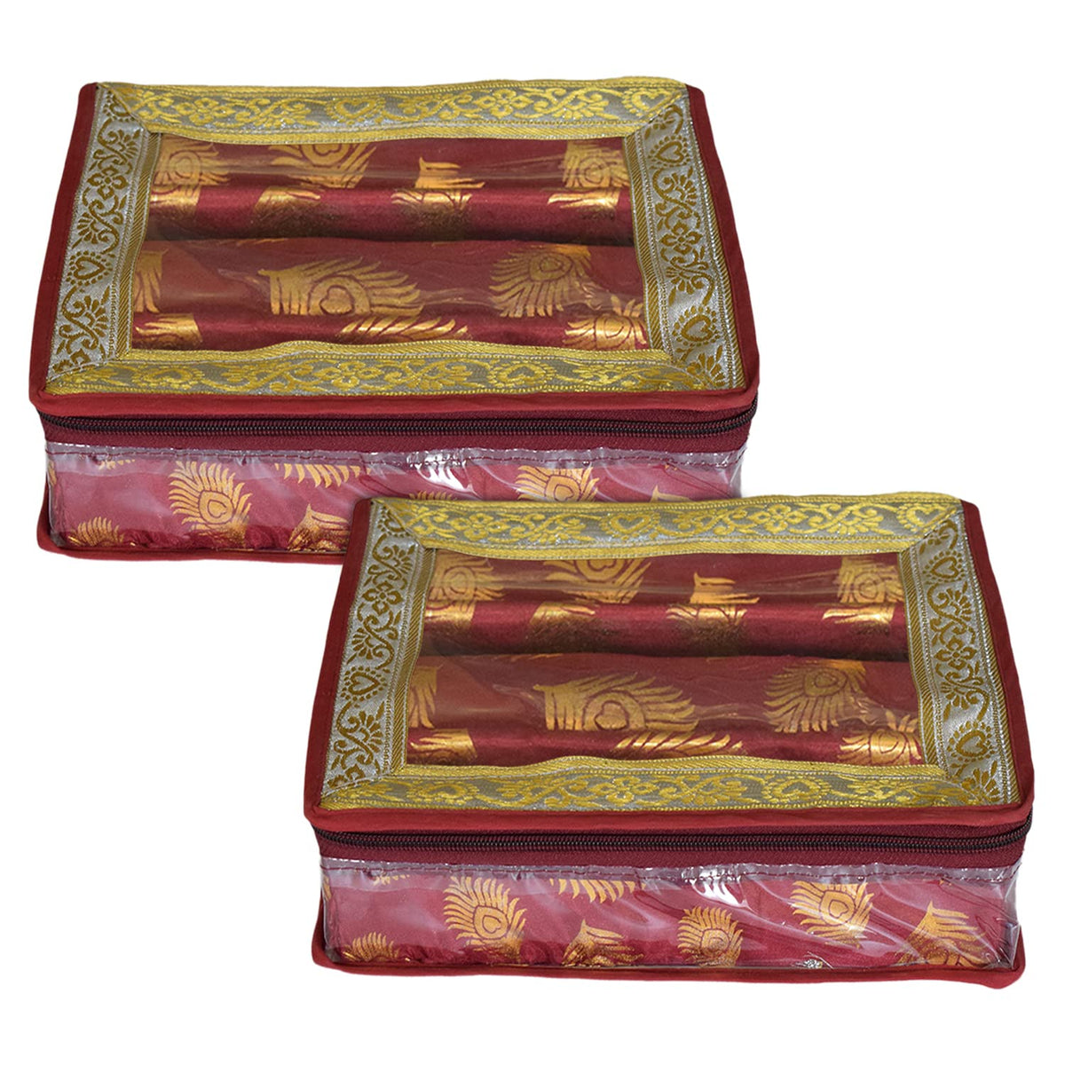 Heart Home Multipurpose Feather Design Laminated 2 Rod Bangle Box/Organizer/Case With Tranasparent Top - Pack of 2 (Maroon)-47HH0199