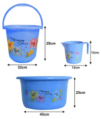 Kuber Industries Printed 3 Pieces Plastic Bucket, Mug & Tub Set (Blue)